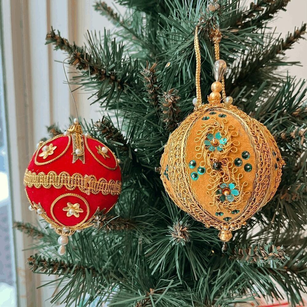 Vintage Velvet Red & Gold Beaded Sequin Christmas Ornaments - Set of 2